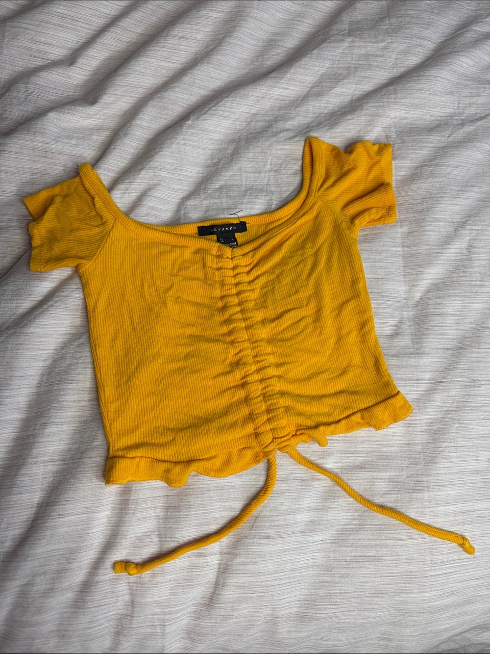 Revamped Mustard Yellow Ribbed Drawstring Crop Top